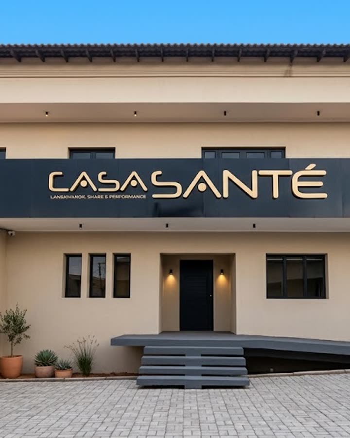Fachada da Casa Santé, com o letreiro iluminado e o jardim na entrada